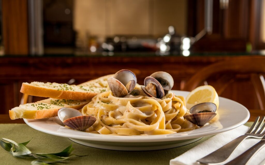 Clam Linguine paired with white wine on a rustic Italian table.