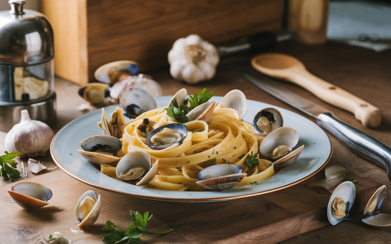  Clam Linguine sauce being prepared in a pan with garlic and wine.