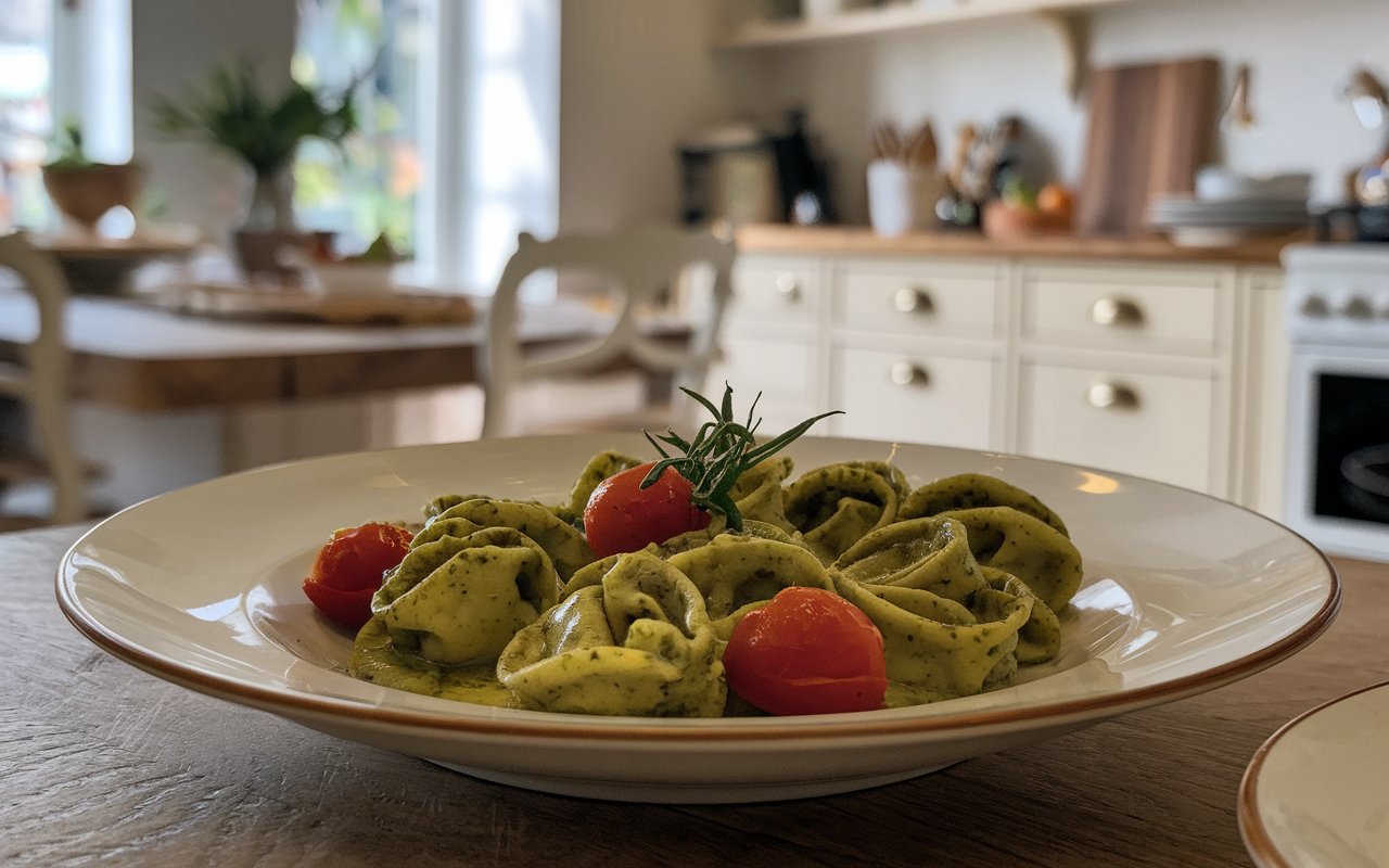 Pesto tortellini with cherry tomatoes in a rustic bowl