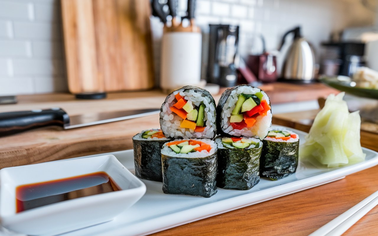 Beautifully plated rainbow veggie sushi rolls with garnishes