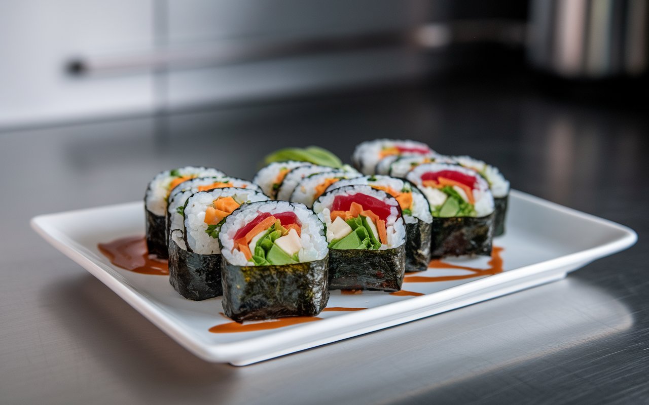 Hands rolling rainbow veggie sushi rolls using a bamboo mat