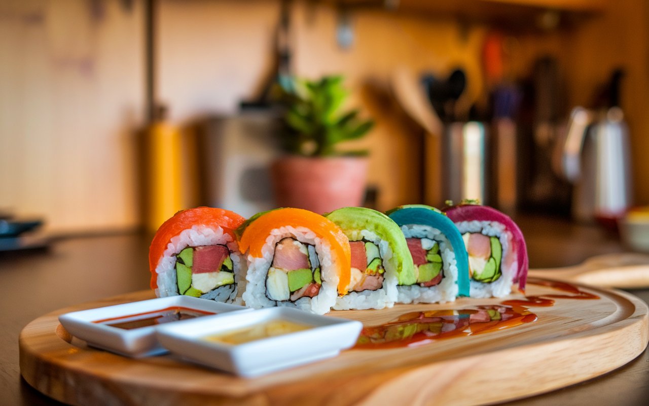 Colorful rainbow veggie sushi rolls served on a sushi board