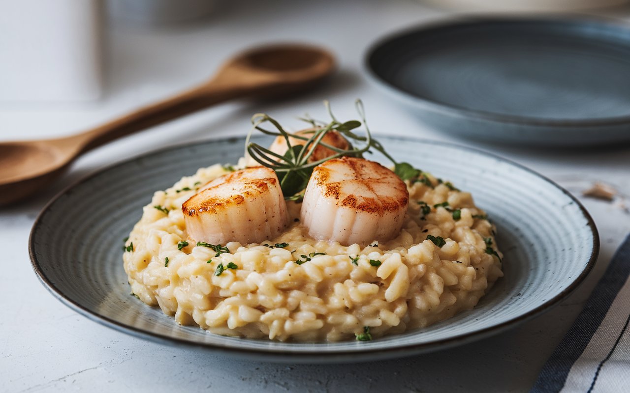 Chef stirring risotto in a pan with a wooden spoon.