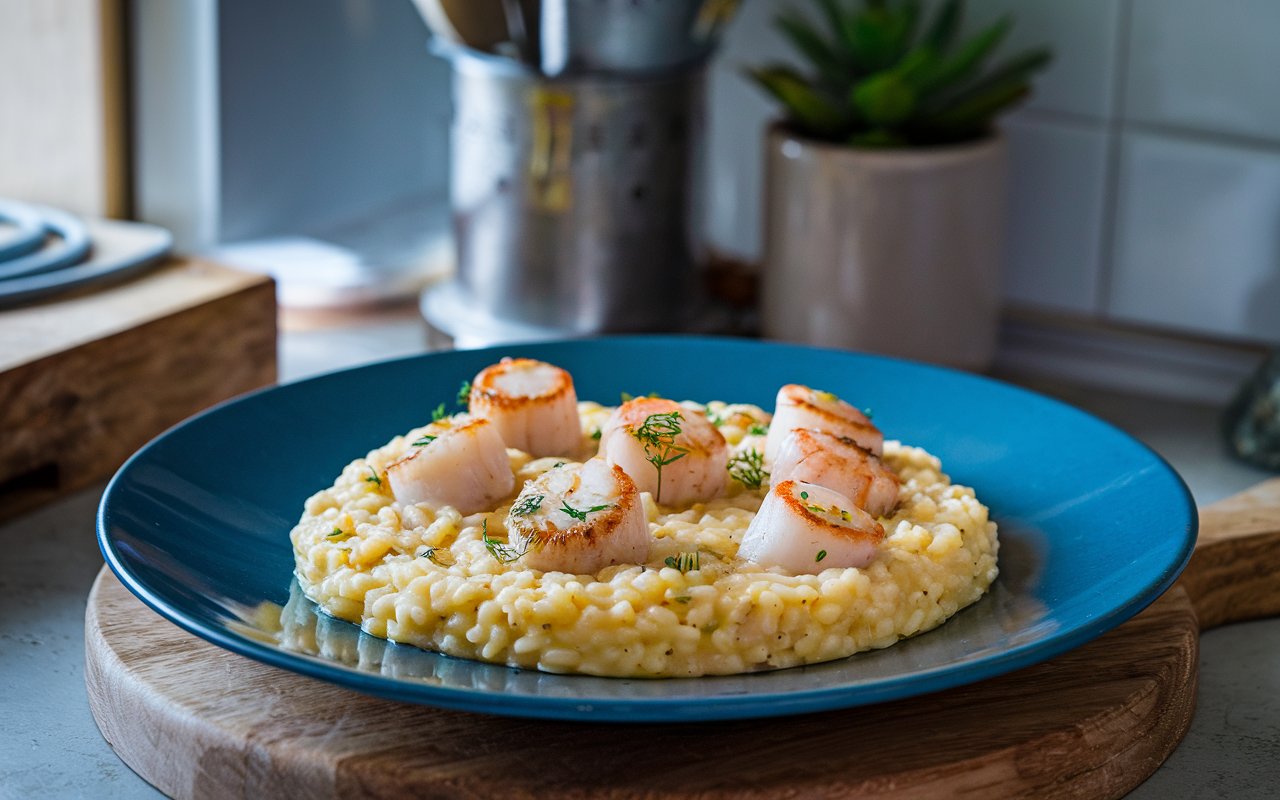 Plate of scallop risotto with seared scallops and parsley.