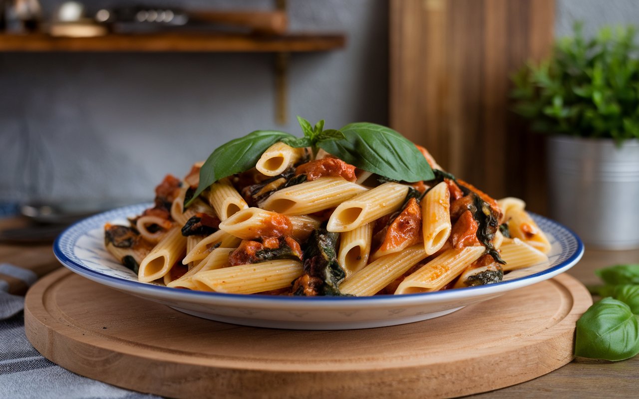 A plated serving of Sun-Dried Tomato & Spinach Penne with garlic bread