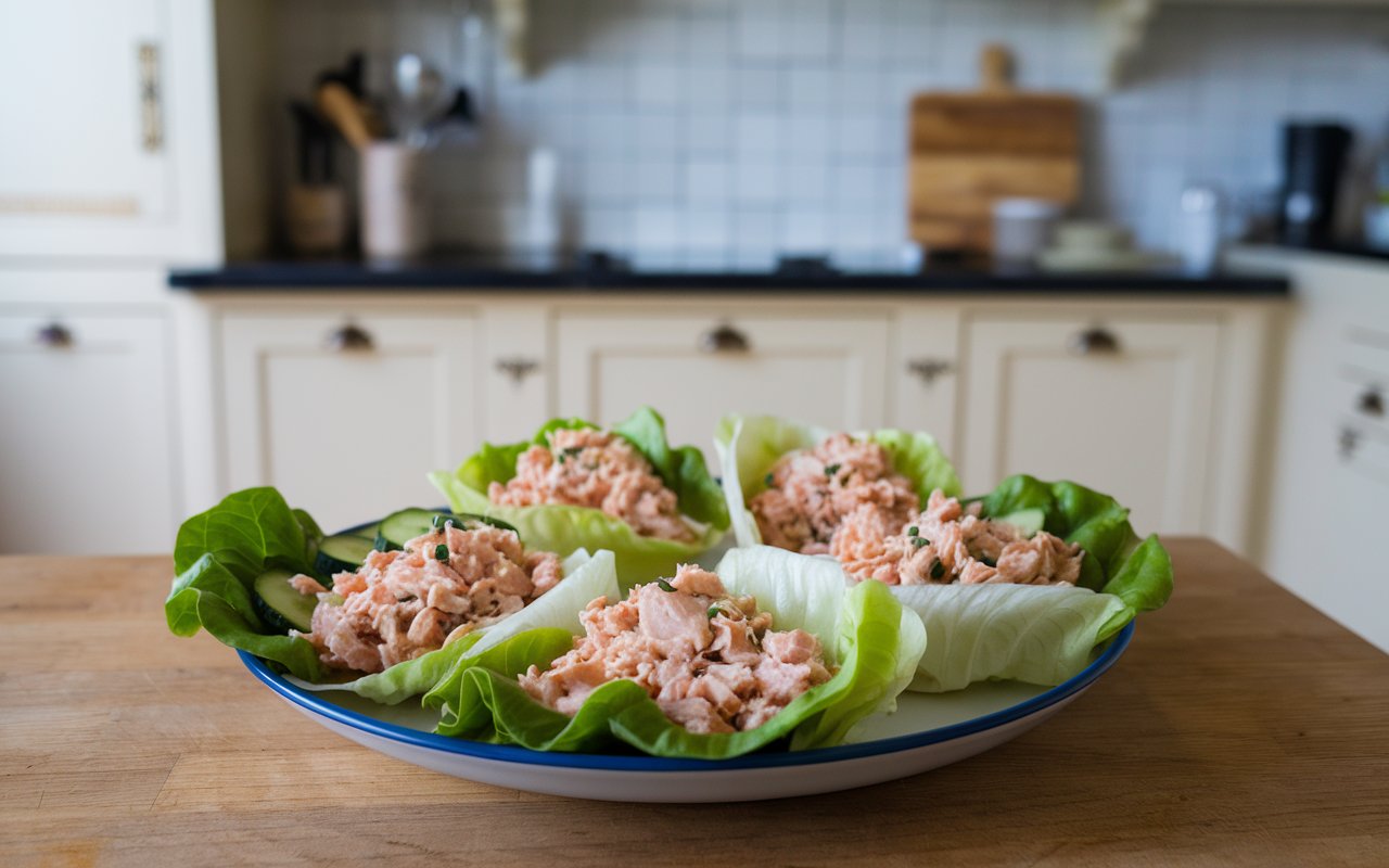 Step-by-step guide on how to make Tuna & Cucumber Lettuce Wraps.