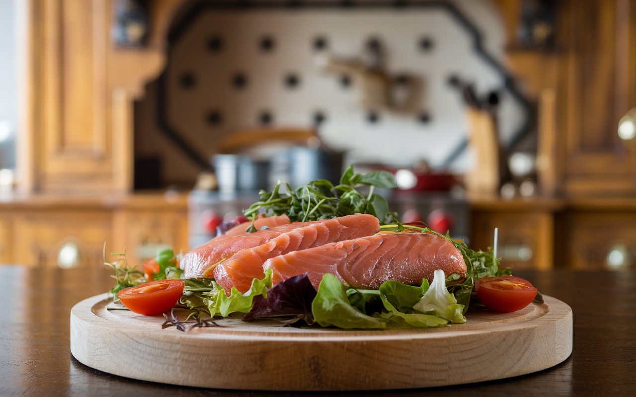 Smoked trout salad with fresh vegetables and lemon dressing