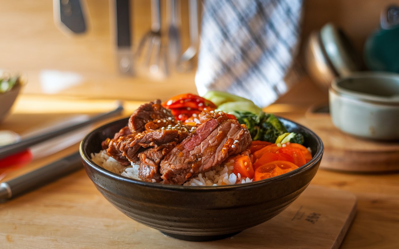  Bulgogi beef cooking in a cast-iron pan