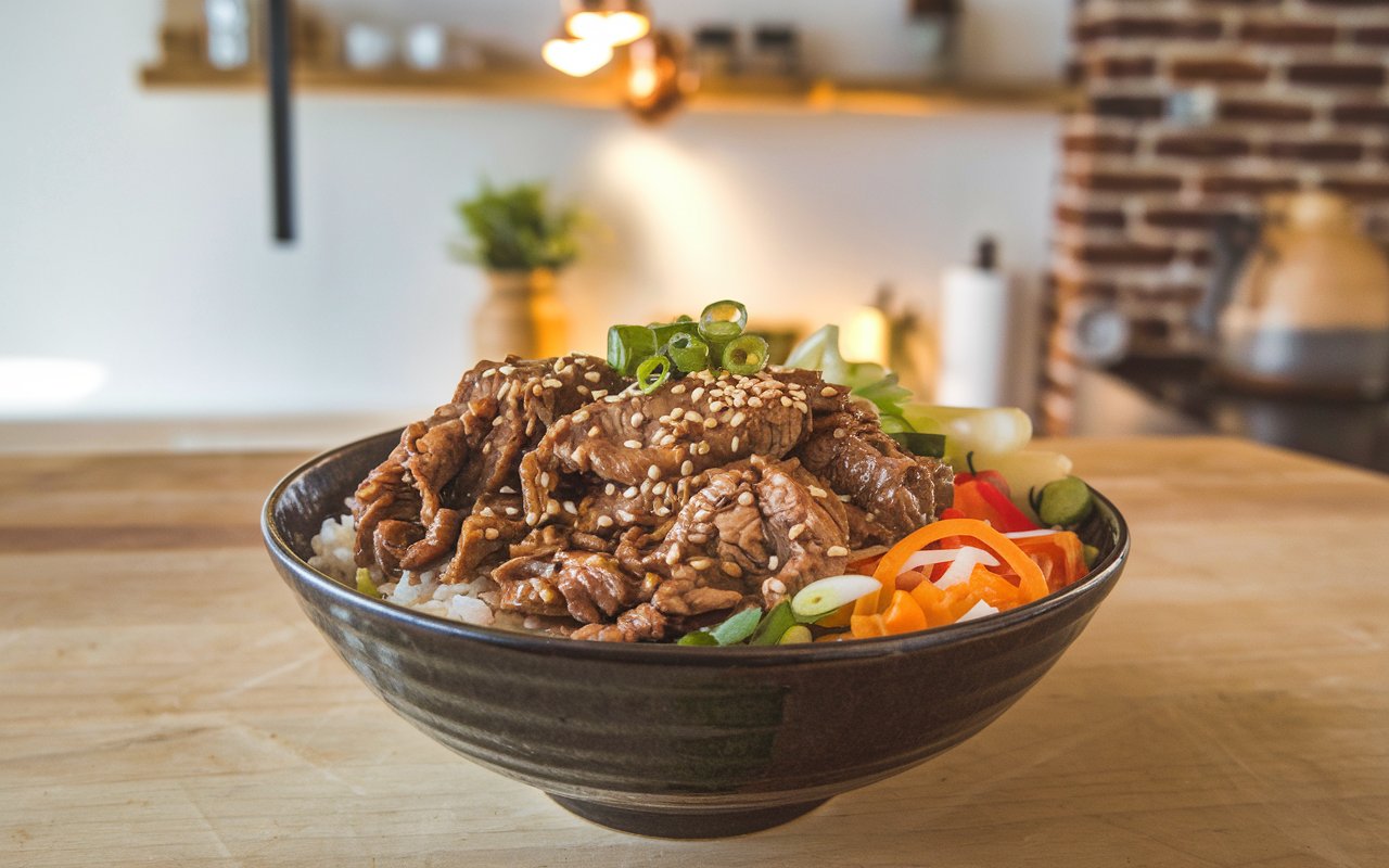  Spicy Korean Beef Bulgogi Bowl with sesame seeds and egg