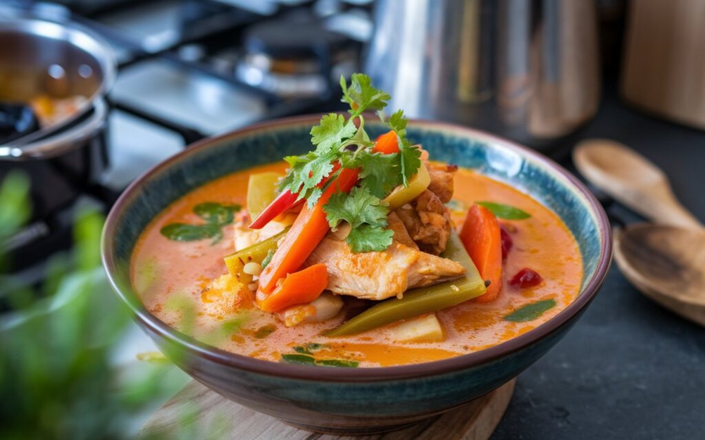 A simmering pot of Thai Coconut Curry Soup being stirred.