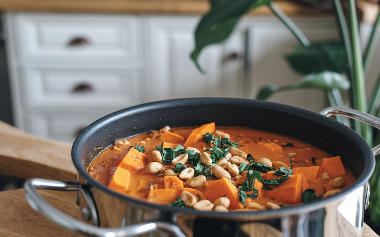  The cooking process of Sweet Potato & Peanut Stew with ingredients and a simmering pot.