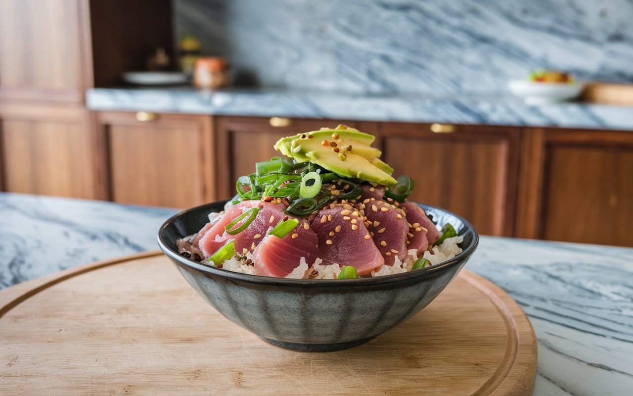 Tuna poke bowl with side dishes like miso soup and seaweed salad