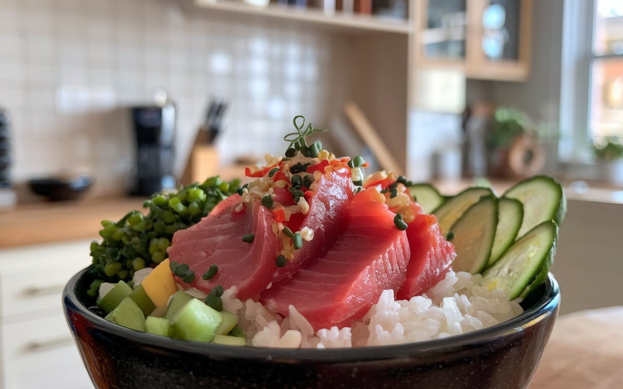  Fresh and colorful tuna poke bowl with avocado and sesame