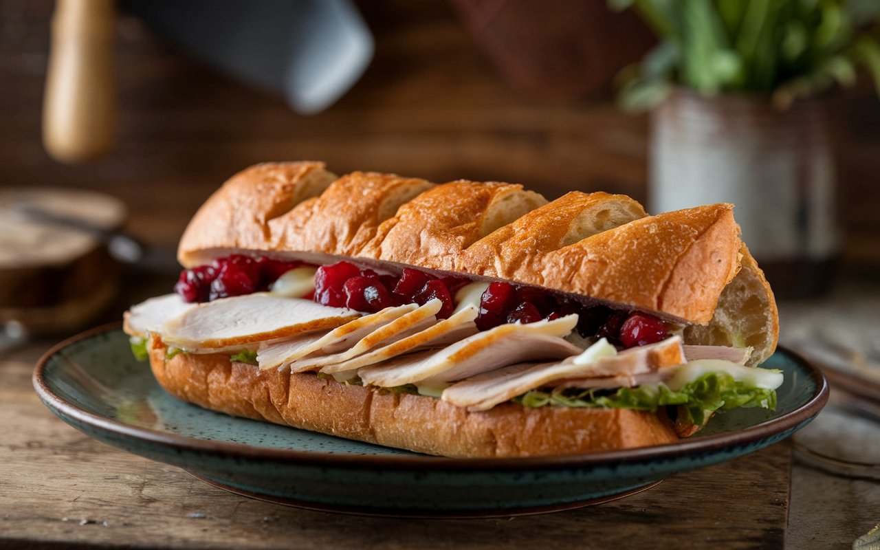 Ingredients for Turkey & Cranberry Panini on a wooden board