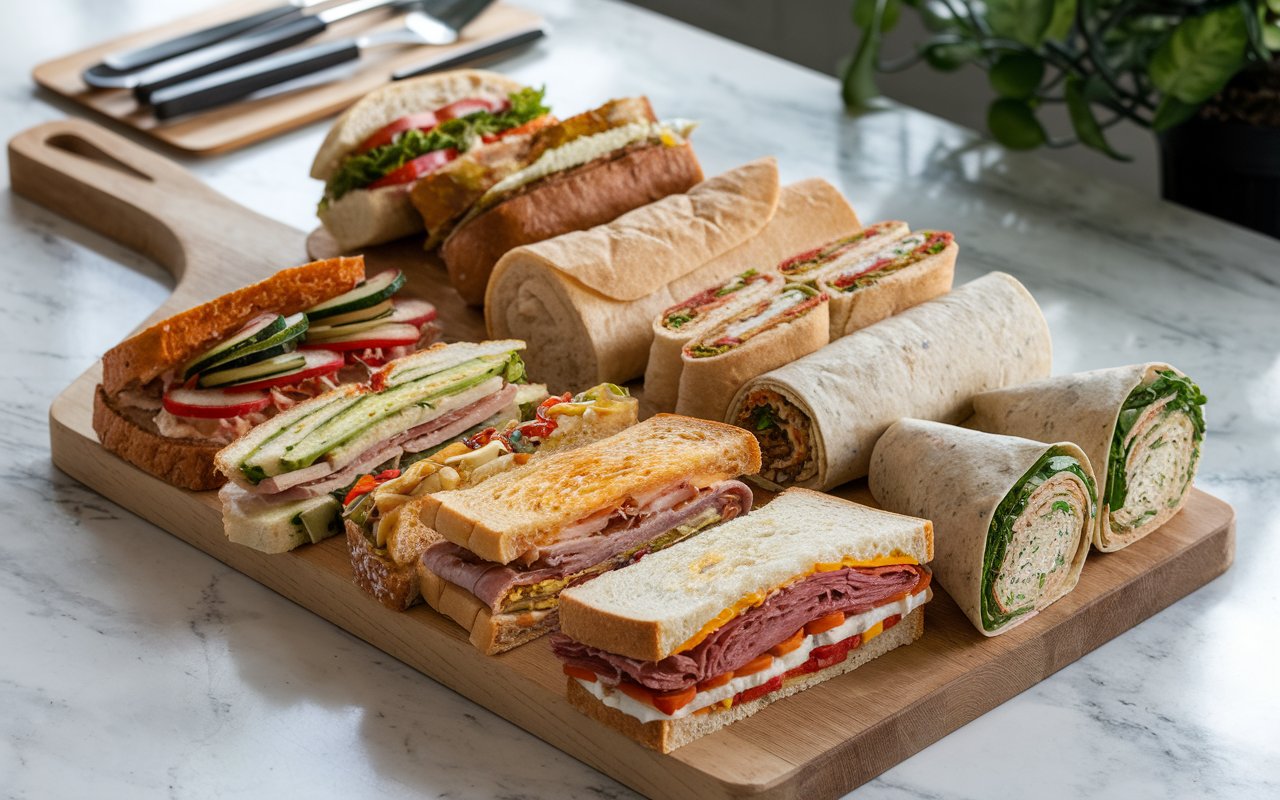 Assorted sandwiches and wraps from different cuisines.