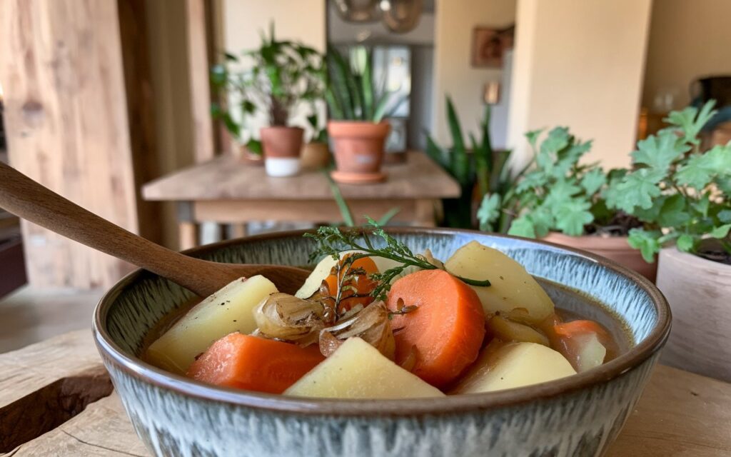 Healthy winter meal with vegetable stew and whole-grain bread.