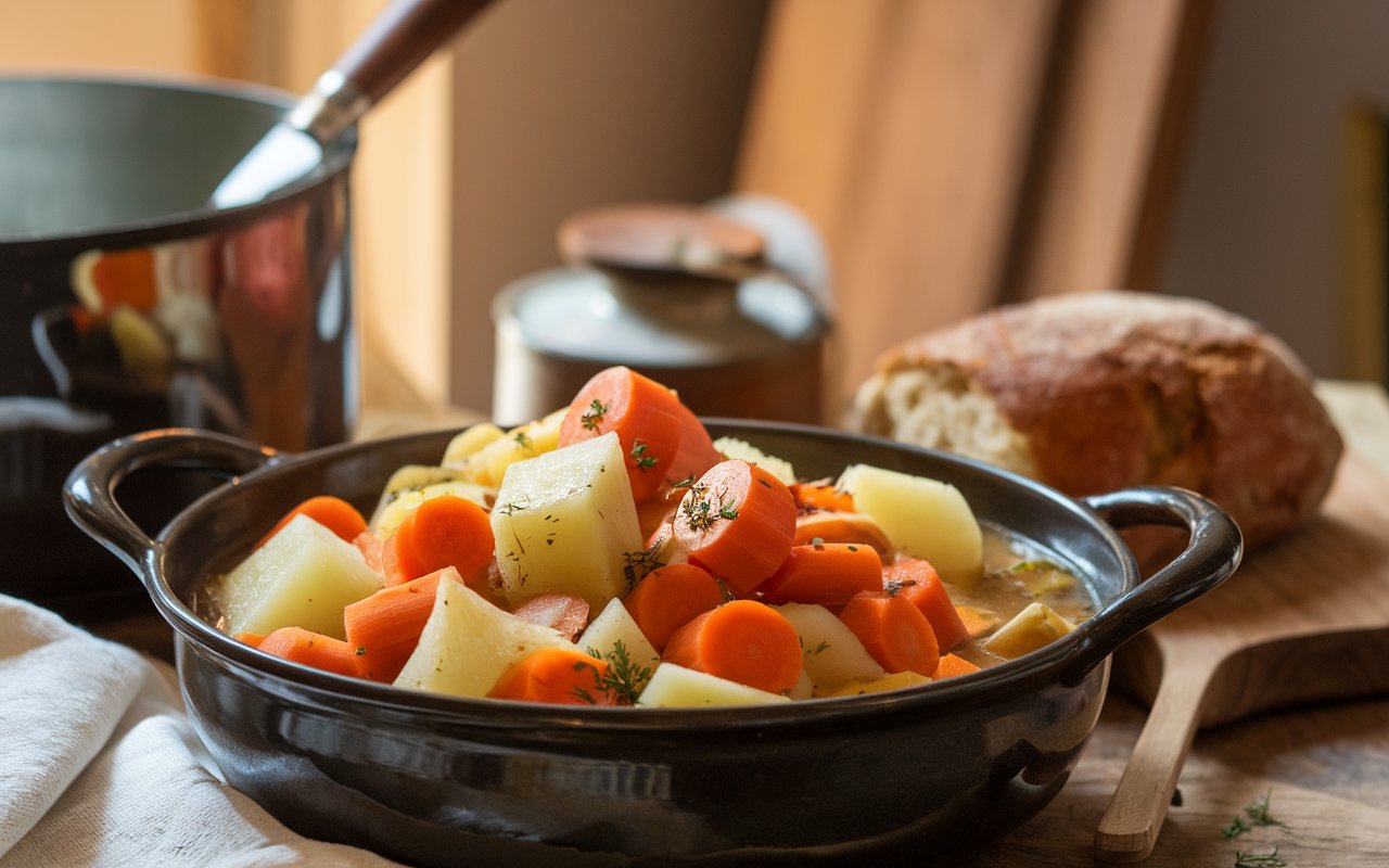 Fresh root vegetables on a wooden cutting board.