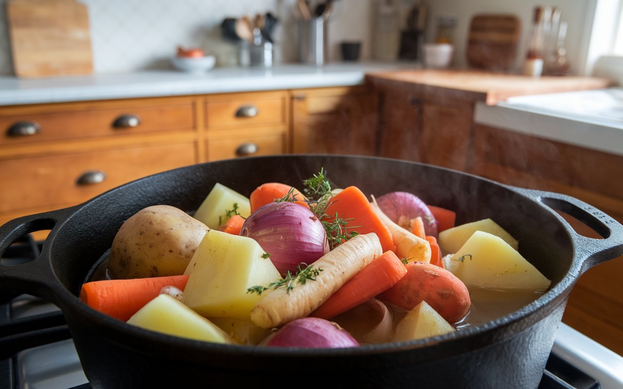 Steaming bowl of winter root vegetable stew in a rustic setting.