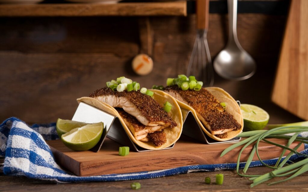 Blackened fish fillets cooking in a cast-iron skillet.