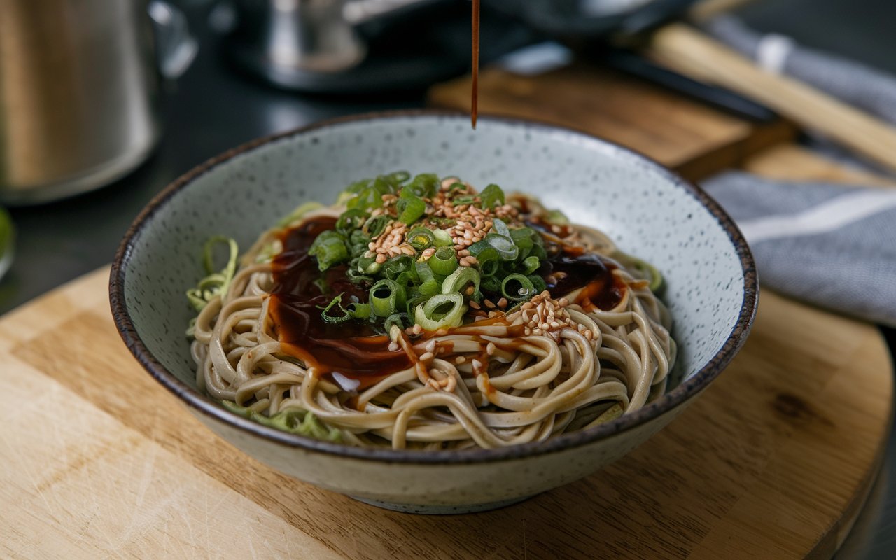 Fresh ingredients for soba noodle bowl with miso dressing.