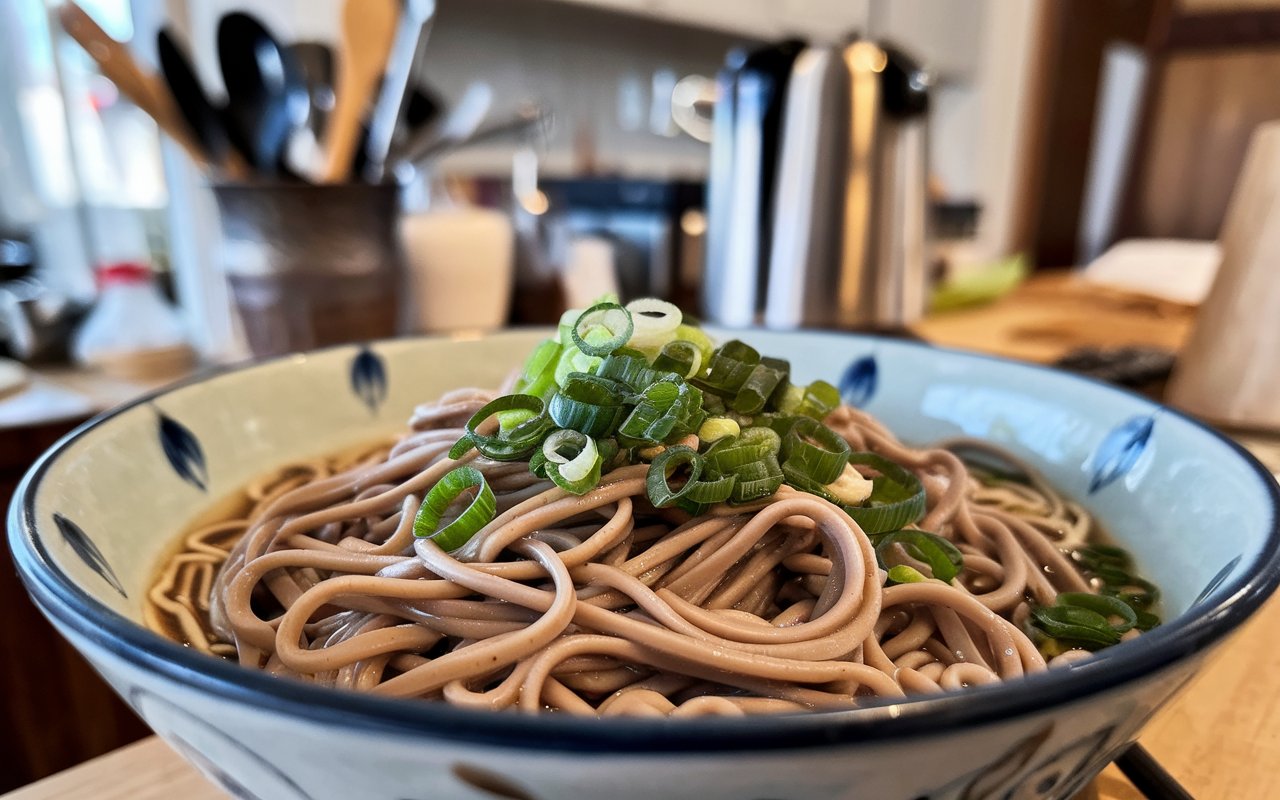 Freshly assembled soba noodle bowl with miso dressing and tofu.