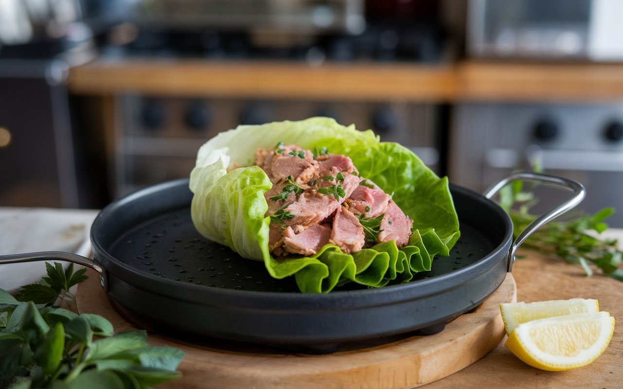 Tuna & Cucumber Lettuce Wraps served with avocado and lemon.