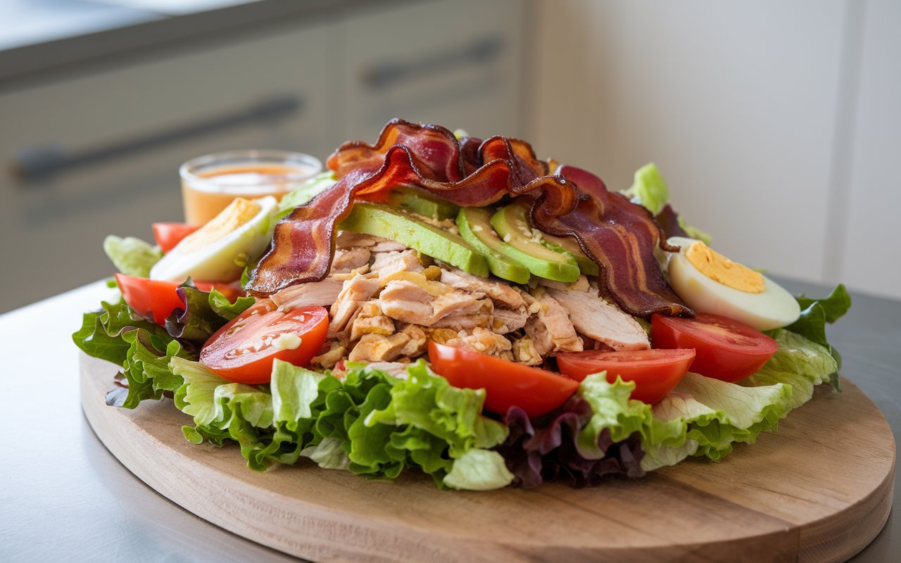  Chopped Cobb Salad ingredients on a wooden cutting board.