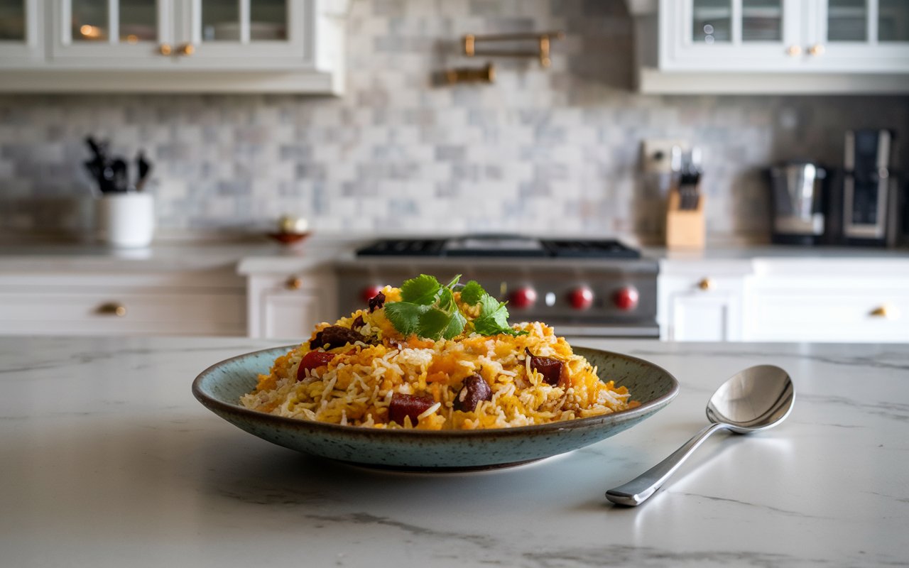 Instant Pot Biryani served in a brass bowl with saffron rice.