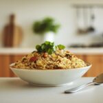 Instant Pot Biryani served with raita and pickles.