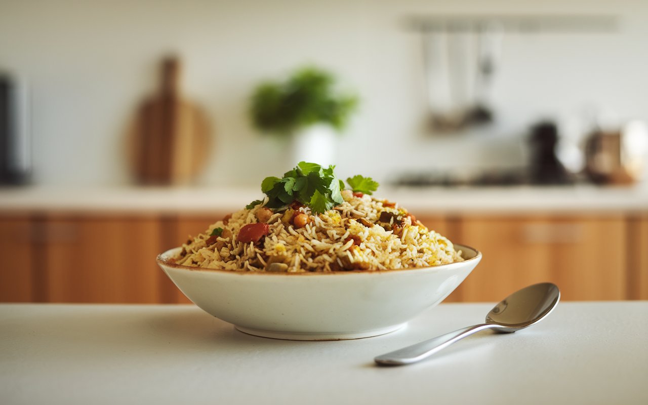 Instant Pot Biryani served with raita and pickles.